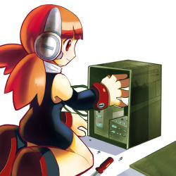 Rule 34 | 1girl, cable, call (mighty no. 9), call h, computer, detached sleeves, kneeling, mighty no. 9, orange hair, pontata, red eyes, robot, robot ears, screwdriver, solo, twintails