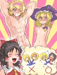Rule 34 | 1girl, 2boys, alice margatroid, armpits, arms up, black hair, black headwear, blonde hair, blue eyes, blush, blush stickers, bow, braid, closed eyes, closed mouth, commentary request, convenient censoring, cookie (touhou), cowboy shot, flower, frilled hair tubes, frilled hairband, frills, genderswap, genderswap (ftm), grin, hair between eyes, hair bow, hair tubes, hairband, hakurei reimu, half updo, hat, hat bow, highres, kirisame marisa, long hair, mars symbol, medium hair, multiple boys, muscular, muscular male, nipples, one eye closed, open mouth, pink hairband, purple bow, red shirt, rei (cookie), sakuranbou (cookie), sananana (cookie), shirt, short hair, side braid, single braid, sleeveless, sleeveless shirt, smile, thought bubble, touhou, trap, venus symbol, white flower, yellow eyes, yma