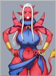 Rule 34 | 1girl, armlet, blush, bobobo, breasts, center opening, colored skin, dragon quest, dragon quest x, fang, fur, hands on own hips, hip focus, horns, huge breasts, jewelry, long hair, markings, midriff, navel, nipples, o-ring, o-ring top, ogre (dq10), open mouth, pointy ears, puffy nipples, red eyes, red skin, scarf, sketch, solo, spikes, sweatdrop, tail, white hair, wide hips