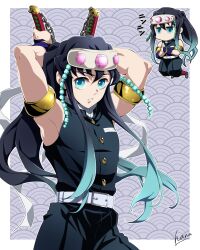 1boy aqua_eyes aqua_hair armpits arms_up black_hair cosplay demon_slayer_uniform gem gradient_hair hana_ni_nare headband highres japanese_clothes jewelry kimetsu_no_yaiba long_hair looking_at_viewer male_focus multicolored_hair solo sword tokitou_muichirou two-tone_hair uzui_tengen uzui_tengen_(cosplay) weapon