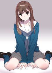 Rule 34 | 1girl, :c, absurdres, arms between legs, black footwear, blouse, blue neckerchief, blue shirt, blue socks, blush, brown hair, closed mouth, commentary request, dytm, gradient background, grey background, grey skirt, headband, highres, kneehighs, loafers, long hair, long sleeves, looking at viewer, neckerchief, on floor, original, sailor collar, shirt, shoes, sitting, skirt, socks, solo, v arms, wariza, white sailor collar