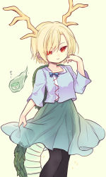 Rule 34 | 1girl, antlers, biyon, black pantyhose, blonde hair, blue bow, blue shirt, bow, commentary request, dragon horns, dragon tail, feet out of frame, green skirt, hand up, horns, kicchou yachie, otter spirit (touhou), pantyhose, red eyes, shirt, short hair, skirt, smile, solo, sparkle, tail, touhou, turtle shell, twitter username, yellow background