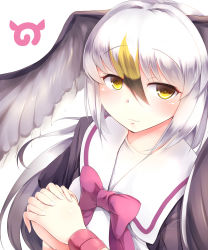 Rule 34 | 10s, 1girl, absurdres, black-tailed gull (kemono friends), black hair, blonde hair, bow, bowtie, closed mouth, eyes visible through hair, hair between eyes, head wings, highres, interlocked fingers, japari symbol, kanzakietc, kemono friends, light smile, long hair, looking at viewer, multicolored hair, pink bow, sailor collar, silver hair, simple background, solo, upper body, white background, wings, wristband, yellow eyes