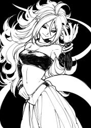 Rule 34 | 1girl, android 21, breasts, dragon ball, dragon ball fighterz, female focus, iwamoto eiri, long hair, looking at viewer, majin android 21, monochrome, solo, tail