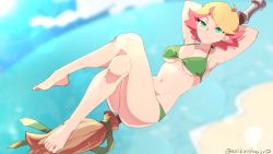 Rule 34 | 1girl, amanda o&#039;neill, arikindows10, armpits, arms behind head, ass, bikini, blue eyes, blush, breasts, broom, broom riding, cleavage, closed mouth, collarbone, green bikini, highres, large breasts, little witch academia, looking at viewer, lying, navel, ocean, on back, orange hair, outdoors, short hair, smile, solo, swimsuit, witch