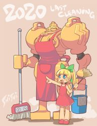 Rule 34 | apron, artist name, blonde hair, blue eyes, blunt bangs, bow, bucket, commentary request, dress, duster, english text, feather duster, full body, green bow, hair bow, holding, holding bucket, holding mop, long hair, mega man (classic), mega man (series), mop, open mouth, phobos (vampire), pointing, ponytail, red dress, red footwear, roll (mega man), shisui, shoes, sleeveless, sleeveless dress, smile, vampire (game)
