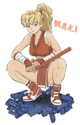 Rule 34 | 1girl, ankimohunt, bare shoulders, blonde hair, breasts, final fight, final fight 2, genryuusai maki, highres, large breasts, long hair, ninja, ponytail, shoes, sleeveless, street fighter, thighs