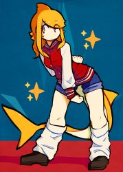 Rule 34 | 1girl, blonde hair, blue shorts, brown footwear, closed mouth, d-floe, expressionless, fins, fish tail, full body, head fins, highres, jacket, leg warmers, long hair, looking away, original, red jacket, shark girl, shark tail, shorts, solo, swept bangs, tail, yellow eyes