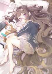 Rule 34 | 1girl, absurdres, ahoge, anya melfissa, barefoot, bed, bespectacled, blush, borumete, brown hair, commentary request, game console, glasses, hair ornament, highres, hololive, hololive indonesia, long hair, looking at viewer, lying, hugging object, on side, pillow, pillow hug, playstation 5, playstation controller, purple eyes, solo, very long hair, virtual youtuber