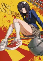 1girl absurdres arm_support ball_and_chain_(weapon) bandaid bandaid_on_head black_eyes black_hair blazer blood blood_on_shoes blue_jacket blush bow bowtie bypos chain closed_mouth commentary crossed_bandaids english_commentary expressionless grey_skirt highres jacket kill_bill kneehighs knees_up long_hair long_sleeves looking_at_viewer nike_(company) plaid_clothes plaid_skirt pleated_skirt red_bow red_bowtie school_uniform shoes sitting skirt sneakers socks solo spiked_ball_and_chain very_long_hair weapon white_shoes white_socks yuubari_gogo