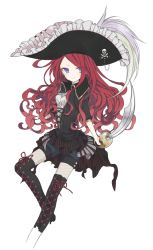 Rule 34 | 1girl, bad id, bad pixiv id, black footwear, blue eyes, boots, cross-laced footwear, fishnet pantyhose, fishnets, hat, highres, jolly roger, kagami (dore mila), lace-up boots, long hair, original, pantyhose, pirate, pirate hat, red hair, skirt, skull and crossed swords, smile, solo, striped clothes, striped skirt, sword, thigh boots, thighhighs, vertical-striped clothes, vertical-striped skirt, weapon