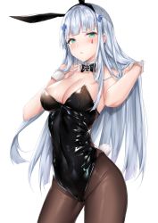 Rule 34 | 1girl, absurdres, animal ears, bare shoulders, black leotard, blunt bangs, blush, bow, bowtie, breasts, cleavage, coffeedog, detached collar, facial mark, fake animal ears, girls&#039; frontline, green eyes, hair ornament, hands up, highres, hk416 (girls&#039; frontline), large breasts, leotard, long hair, looking at viewer, open mouth, pantyhose, playboy bunny, rabbit ears, rabbit tail, silver hair, simple background, solo, tail, teardrop, very long hair, white background, wrist cuffs