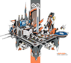 Rule 34 | absurdres, aircraft, aircraft carrier, aircraft catapult, arknights, billboard, black theme, building, character name, chimney, chinese commentary, commentary request, crane (machine), highres, machinery, mayer (arknights), mecha, military, military vehicle, orange theme, rhine lab logo, robot, shinnasuka025, ship, turret, warship, watercraft, white background