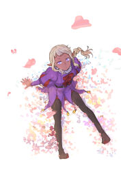 Rule 34 | 1boy, androgynous, black footwear, blonde hair, boots, braid, dark-skinned male, dark skin, dungeon meshi, elf, expressionless, fujisawa takashi, full body, highres, juliet sleeves, long hair, long sleeves, looking up, male focus, petals, pointy ears, puffy sleeves, purple eyes, purple tunic, short bangs, sitting, solo, thigh boots, thistle (dungeon meshi), white background