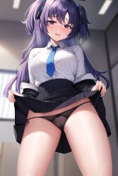 Rule 34 | 1girl, blue archive, blue necktie, bra visible through clothes, clothes lift, collared shirt, cowboy shot, formal, halo, highres, jacket, lifted by self, miniskirt, myuu (arisumeria), necktie, off shoulder, open clothes, open jacket, panties, parted bangs, pleated skirt, purple eyes, purple hair, shirt, side-tie panties, sidelocks, skirt, skirt lift, standing, suit, two-sided fabric, two-sided jacket, two side up, underwear, white shirt, yuuka (blue archive)