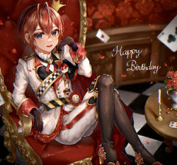 Rule 34 | 1boy, absurdres, blue eyes, blush, candle, card, crown, flower, formal, heart card, highres, looking at viewer, male focus, red hair, riddle rosehearts, rose, short hair, sitting, suit, syatihoko, throne, twisted wonderland, white suit