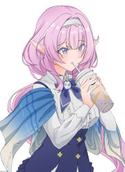 Rule 34 | 1girl, absurdres, blue skirt, breasts, center frills, closed mouth, collared shirt, commentary, cup, disposable cup, drinking, drinking straw, elysia (honkai impact), frilled skirt, frills, hairband, hands up, high-waist skirt, highres, holding, holding cup, honkai (series), honkai impact 3rd, long hair, medium breasts, owenramos39, pink hair, pointy ears, purple eyes, shirt, simple background, skirt, solo, suspender skirt, suspenders, very long hair, white background, white hairband, white shirt