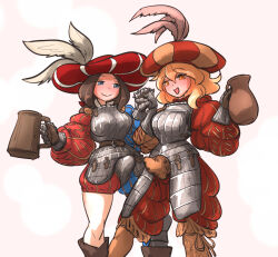 Rule 34 | 2girls, armor, beer mug, blue eyes, boobplate, boots, breastplate, brown hair, codpiece, commentary, commentary request, cup, drunk, english commentary, faulds, greaves, hat, highres, holding hands, interlocked fingers, ironlily, jug (bottle), landsknecht, landsknecht (ironlily), long sleeves, mug, multiple girls, original, phallic symbol, puffy long sleeves, puffy sleeves, simple background, single greave, smile, tankard, yuri