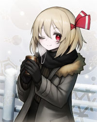 Rule 34 | 1girl, ;), alternate costume, black gloves, black scarf, black shirt, blonde hair, can, closed mouth, coat, commentary request, flat chest, fur trim, gloves, green coat, grey background, hair between eyes, hair ribbon, highres, holding, holding can, looking at viewer, mask, unworn mask, mouth mask, one eye closed, outdoors, railing, red eyes, red ribbon, ribbon, rumia, scarf, shirt, short hair, smile, snowflakes, snowing, solo, spark621, steam, surgical mask, touhou, upper body, white mask, winter clothes