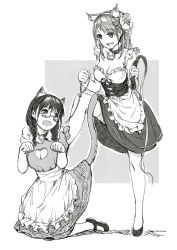 Rule 34 | 2girls, animal ears, bad id, bad pixiv id, bdsm, bell, neck bell, braid, breasts, cat ears, cat tail, cleavage, cleavage cutout, clothing cutout, collar, dress, female focus, femdom, glasses, hjl, jingle bell, large breasts, leash, maid, monochrome, multiple girls, original, paw pose, slave, stepping, tail, tears, twin braids, whip, yuri