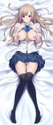 Rule 34 | 1girl, bed sheet, black thighhighs, blue bow, blue bowtie, blue skirt, bow, bowtie, bra, bra pull, breasts, breasts out, cleavage, clothes lift, clothes pull, collared shirt, dakimakura (medium), dress shirt, embarrassed, full body, half-closed eyes, highres, lace, lace-trimmed bra, lace trim, large breasts, light brown hair, lipstick, london inu, long hair, looking at viewer, lying, makeup, miniskirt, no shoes, on back, open clothes, open shirt, original, panties, parted lips, plaid, plaid skirt, pleated skirt, purple eyes, school uniform, shirt, short sleeves, skirt, skirt lift, solo, swept bangs, thighhighs, underwear, veins, veiny breasts, very long hair, white panties, white shirt