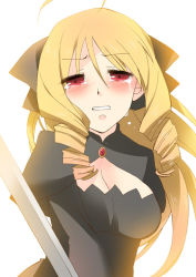 Rule 34 | 00s, 1girl, blonde hair, blush, breasts, cleavage, drill hair, drill sidelocks, hayate no gotoku!, medium breasts, red eyes, sidelocks, solo, sword, tears, tennousu athena, touon, weapon