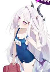 Rule 34 | 1girl, absurdres, bangom r, bare shoulders, blue archive, highres, hina (blue archive), long hair, looking at viewer, purple eyes, simple background, solo, swimsuit, white hair