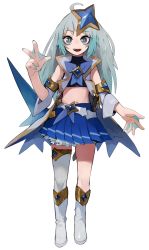Rule 34 | 1girl, ahoge, belt, blue eyes, blue hair, blue nails, blue neckwear, blue skirt, blue theme, coat, commission, detached sleeves, fingernails, fins, fish girl, fish tail, frills, hair ornament, highres, league of legends, long hair, nail polish, navel, open mouth, original, raichiyo, sharp teeth, simple background, single thighhigh, skirt, slit pupils, smile, solo, standing, star (symbol), star guardian (league of legends), star hair ornament, tail, teeth, thighhighs, turtleneck, upper teeth only, w, webbed hands, white background, white belt, white coat, white footwear, white thighhighs