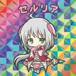Rule 34 | 1girl, ahoge, bikkuriman (style), blush, capelet, character name, chibi, closed mouth, dress, flower knight girl, full body, green eyes, grey hair, hair ribbon, hand up, holding, long hair, long sleeves, looking at viewer, parody, pink capelet, pink dress, pink ribbon, pink socks, puffy long sleeves, puffy sleeves, ri-net, ribbon, serruria (flower knight girl), shoes, sleeves past wrists, smile, socks, solo, standing, very long hair, white footwear