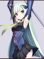 Rule 34 | 1girl, arms up, brynhildr (fate), fate/prototype, fate/prototype: fragments of blue and silver, fate (series), grey background, hair ornament, letterboxed, long hair, looking at viewer, pleated skirt, polearm, purple eyes, simple background, skirt, solo, tenrai, weapon, white hair