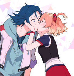 Rule 34 | 1boy, 1girl, blonde hair, blue eyes, blue hair, blush, bow, brown hair, cardigan, couple, closed eyes, french kiss, freyja wion, hair between eyes, hair bow, hand on another&#039;s cheek, hand on another&#039;s face, hayate immelmann, hood, hood down, hooded cardigan, jewelry, kiss, long sleeves, macross, macross delta, mosako, multicolored hair, necklace, one side up, red bow, red skirt, short hair, short sleeves, skirt, two-tone hair