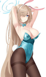 Rule 34 | 1girl, absurdres, animal ears, armpits, arms behind head, arms up, asuna (blue archive), asuna (bunny) (blue archive), blue archive, blue bow, blue bowtie, blue leotard, blush, bow, bowtie, breasts, brown hair, brown pantyhose, chinese commentary, cleavage, closed mouth, commentary request, covered navel, detached collar, closed eyes, fake animal ears, fake tail, hair over one eye, hairband, halo, highleg, highleg leotard, highres, large breasts, leotard, long hair, looking at viewer, mixed-language commentary, pantyhose, playboy bunny, rabbit ears, rabbit tail, simple background, solo, strapless, strapless leotard, tail, thighband pantyhose, traditional bowtie, very long hair, white background, white hairband, zim-o (2cy520)