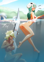 Rule 34 | 2girls, arrancar, artist name, ass, barefoot, bikini, bleach, blonde hair, blue nails, blue sky, bottomless, breasts, clothes theft, dark-skinned female, dark skin, facial mark, feet, finger to mouth, gairon, green eyes, green hair, large breasts, long hair, multiple girls, nail polish, navel, nelliel tu odelschwanck, nipples, nude, number tattoo, outdoors, parasol, partially submerged, pool, short hair, shushing, skull, sky, soles, submerged, surprised, swimsuit, swimsuit theft, sword, tattoo, theft, tier harribel, toes, umbrella, underwater, water, watermark, weapon