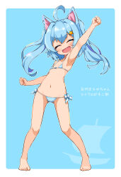 Rule 34 | 1girl, absurdres, ahoge, animal ears, arm up, armpits, barefoot, bikini, blue background, blue hair, blush, breasts, cat ears, cat girl, character request, closed eyes, feet, full body, groin, highres, indie virtual youtuber, legs, legs apart, long hair, mefuchan, micro bikini, navel, open mouth, side-tie bikini bottom, simple background, small breasts, smile, solo, striped bikini, striped clothes, swimsuit, thighs, toes, twintails, virtual youtuber