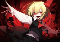 Rule 34 | 1girl, :d, absurdres, ascot, black skirt, black vest, blonde hair, collared shirt, commentary, darkness, fangs, hair ribbon, highres, izuse reki, long sleeves, looking at viewer, medium hair, open mouth, outstretched arms, red ascot, red eyes, red ribbon, ribbon, rumia, shirt, skirt, skirt set, smile, solo, spread arms, touhou, upper body, vest, white shirt