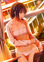 Rule 34 | 1boy, arm at side, averting eyes, blunt bangs, blush, bra, brown eyes, brown hair, building, bulge, bush, candy, chair, chocolate, chocolate heart, collarbone, cowboy shot, curtains, desk, dutch angle, evening, food, frilled panties, frills, heart, highres, house, indoors, long sleeves, looking to the side, male focus, medium hair, mikazuki akira!, mouth hold, navel, open clothes, open shirt, original, panties, railing, red sky, school chair, school desk, shirt, single bare shoulder, sky, standing, sunlight, table, thigh gap, trap, underwear, undressing, white bra, white panties, white shirt, window