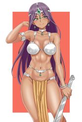 Rule 34 | 1girl, armlet, blush, bracelet, breasts, brown eyes, circlet, dancer&#039;s costume (dq), dark skin, dark-skinned female, dragon quest, dragon quest iv, earrings, facing viewer, hand in own hair, hiroyama (hpzg5374), holding, jewelry, large breasts, long hair, looking at viewer, manya (dq4), midriff, navel, pelvic curtain, purple hair, red background, simple background, smile, solo