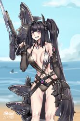 Rule 34 | 1girl, absurdres, architect (girls&#039; frontline), architect (nvw model) (girls&#039; frontline), beach, bikini, black bikini, breasts, girls&#039; frontline, highres, holding, holding rocket launcher, holding weapon, medium breasts, navel, one-piece swimsuit, rocket launcher, swimsuit, weapon