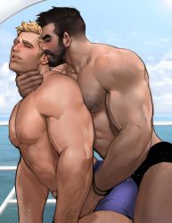 Rule 34 | 2boys, arm hair, bara, beard, black hair, black male swimwear, blonde hair, blue male swimwear, blush, bracelet, chest hair, closed eyes, closed mouth, cloud, dark-skinned male, dark skin, day, dopey (dopq), facial hair, grabbing, grabbing from behind, hand on another&#039;s neck, highres, interracial, jewelry, large pectorals, male focus, male swimwear, multiple boys, muscular, muscular male, mustache, nipples, outdoors, overwatch, overwatch 1, paid reward available, parted lips, pectorals, reaper (overwatch), short hair, sideburns, sky, soldier: 76 (overwatch), swim trunks, undercut, yaoi