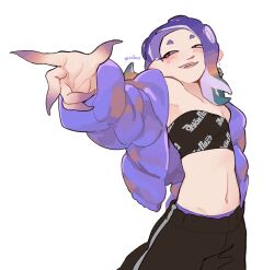 Rule 34 | 1girl, artist name, black pants, black tube top, commentary, english commentary, eyelashes, jacket, long hair, navel, nintendo, octoling, official alternate costume, open clothes, open jacket, open mouth, pants, pointing, print tube top, purple hair, purple jacket, qevillous, red eyes, shiver (splatoon), simple background, smile, solo, splatoon (series), splatoon 3, standing, strapless, teeth, tentacle hair, tube top, twitter username, upper teeth only, white background