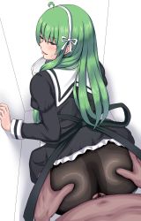 Rule 34 | 1boy, 1girl, absurdres, ahoge, ass, ass grab, assault lily, bad id, bad pixiv id, bent over, black dress, black pantyhose, blush, chin gero, clothed female nude male, clothed sex, clothes lift, commentary request, dress, dress lift, from behind, green hair, hairband, hetero, highres, long hair, looking back, male pubic hair, no panties, nude, open mouth, pantyhose, pov, pubic hair, purple eyes, school uniform, sex, sex from behind, shiny clothes, sleeve cuffs, solo focus, standing, standing sex, tanaka ichi, torn clothes, torn legwear, vaginal, white hairband, yurigaoka girls academy school uniform