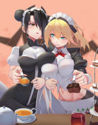 Rule 34 | 2girls, absurdres, agent (girls&#039; frontline), anger vein, black hair, blonde hair, blue eyes, breast press, breasts, brown eyes, cup, double bun, g36 (girls&#039; frontline), g36 (mod3) (girls&#039; frontline), girls&#039; frontline, hair between eyes, hair bun, hebai xiaochuan, highres, jewelry, large breasts, looking at another, maid, maid headdress, multiple girls, navel, ring, saucer, stomach, tea, teacup, teapot