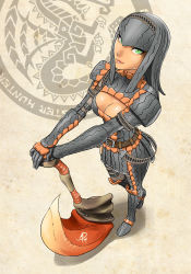 Rule 34 | 1girl, armor, axe, black hair, breasts, capcom, cleavage, cleavage cutout, clothing cutout, faulds, from above, full armor, greaves, green eyes, gypceros (armor), hairband, helmet, huge weapon, lips, long hair, looking up, monster hunter (series), nose, pauldrons, planted, polarityplus, pteruges, shoulder armor, smile, solo, vambraces, weapon
