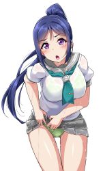 Rule 34 | 1girl, :o, aqua neckerchief, blue hair, blush, bra, breasts, clothes lift, commentary request, gluteal fold, green bra, green panties, highres, large breasts, leaning forward, long hair, looking at viewer, love live!, love live! sunshine!!, matsuura kanan, neckerchief, open mouth, panties, pleated skirt, ponytail, purple eyes, school uniform, see-through, serafuku, short sleeves, simple background, skirt, skirt lift, solo, thigh gap, tie clip, underwear, wet, wet clothes, white background, wringing clothes, wringing skirt, yopparai oni