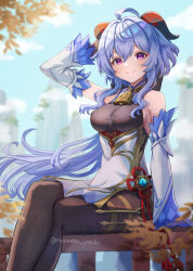 Rule 34 | 1girl, ahoge, arm support, arm up, artist name, bare shoulders, black gloves, blue hair, blue sky, bodystocking, breasts, cloud, commentary request, crossed legs, day, detached sleeves, feet out of frame, ganyu (genshin impact), genshin impact, gloves, hair between eyes, highres, horns, large breasts, long hair, long sleeves, looking at viewer, nanamo yado, outdoors, purple eyes, sitting, sky, smile, solo, thighs, very long hair, vision (genshin impact)