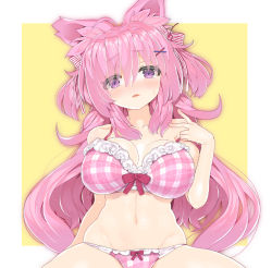 Rule 34 | 1girl, animal ear fluff, animal ears, bare arms, bare shoulders, blush, bow, bow bra, bow panties, bra, breasts, char, collarbone, commentary request, copyright request, fingernails, frilled bra, frills, hair between eyes, hair bow, hair ornament, hairclip, hand up, head tilt, large breasts, long hair, navel, nose blush, panties, parted lips, pink bra, pink hair, pink panties, plaid, plaid bra, plaid panties, purple eyes, red bow, sitting, solo, spread legs, strap slip, striped, striped bow, sweat, two-tone background, underwear, very long hair, white background, x hair ornament, yellow background