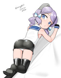 Rule 34 | 1girl, absurdres, all fours, ass, black gloves, black skirt, blue eyes, blue sailor collar, dated, from behind, gloves, hair ribbon, highres, kantai collection, langley (kancolle), looking back, maru (marg0613), medium hair, one-hour drawing challenge, panties, pencil skirt, purple hair, ribbon, sailor collar, shirt, simple background, skirt, sleeveless, sleeveless shirt, solo, thighhighs, twitter username, underwear, white background, white panties, white shirt, white thighhighs
