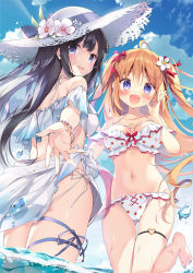 Rule 34 | 2girls, :d, ahoge, bare legs, bare shoulders, barefoot, bikini, black hair, blush, bow, breasts, brown hair, collarbone, commentary request, day, fang, flower, food print, frilled bikini, frills, hair between eyes, hair bow, hair flower, hair ornament, halterneck, hand up, hat, hat flower, heart o-ring, long hair, medium breasts, multiple girls, navel, open mouth, original, outdoors, pan (mimi), print bikini, purple eyes, red bow, sarong, skindentation, smile, standing, standing on one leg, straw hat, strawberry print, swimsuit, two side up, very long hair, white bikini, white flower, white headwear
