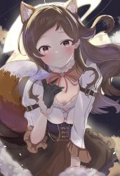 Rule 34 | 1girl, absurdres, animal ears, black gloves, blush, brown hair, brown skirt, detached collar, extra ears, floating hair, fox ears, fox tail, frilled sleeves, frills, fur-trimmed collar, fur-trimmed gloves, fur trim, gloves, highres, idolmaster, idolmaster million live!, kitazawa shiho, looking at viewer, night, night sky, ooho0216, skirt, sky, smile, solo, tail