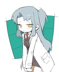 Rule 34 | 1girl, a800, angela (project moon), black jacket, black skirt, blue hair, blush, closed mouth, coat, collared shirt, jacket, lab coat, lobotomy corporation, long hair, looking at viewer, necktie, one side up, parted bangs, pencil skirt, project moon, red necktie, shirt, simple background, skirt, solo, very long hair, white background, white coat, white shirt, yellow eyes